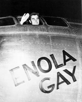RECORD DATE NOT STATED Colonel Paul Tibbets waving from the Enola Gay s cockpit. Colonel Paul Tibbets waving from the Enola Gay s cockpit. The Boeing B-29 on 6 August 1945, during the final stages of World War II, became the first aircraft to drop an atomic bomb. The bomb, code-named Little Boy , was targeted at the city of Hiroshima, Japan Editorial use only. All other uses to be cleared with the copyright owner (World History Archive), in advance., WHA_059_0758.jpg, Colonel Paul Tibbets; Enola Gay; Boeing B-29; atomic bomb; Little Boy; Hiroshima; World War II; cockpit; waving; 6 August 1945; aircraft; history; military; pilot; war; bombing; Japan; United States; nuclear weapon; historic; iconic; moment; victory; destruction; mission; ann Copyright: xWorldxHistoryxArchive ARPLx