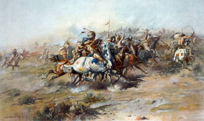 RECORD DATE NOT STATED Photomechanical print depicting the Battle of the Little Bighorn Photomechanical print depicting the Battle of the Little Bighorn. Created by Charles Marion Russell (1864-1926). Dated 1905 Editorial use only. All other uses to be cleared with the copyright owner (World History Archive), in advance., WHA_059_0946.jpg, Photomechanical print; Battle of the Little Bighorn; Charles Marion Russell; 1905; Native American; American history; Western art; Custer s Last Stand; Plains Indians; Battle scene; Historical artwork; American frontier; Wild West; Western artist; 19th century; Famous battle; American artist; Western painting; Historical event; Native American warriors; Cavalry soldiers; Battle of Little Bighorn; Western Copyright: xWorldxHistoryxArchive ARPLx