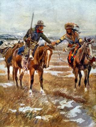 RECORD DATE NOT STATED Painting depicting the meeting of American and Native American men shaking hands on horseback Painting depicting the meeting of American and Native American men shaking hands on horseback. Painted by Charles Marion Russell (1864-1926). Dated 1910 Editorial use only. All other uses to be cleared with the copyright owner (World History Archive), in advance., WHA_059_0948.jpg, Painting; American; Native American; men; shaking hands; horseback; Charles Marion Russell; 1864-1926; 1910; meeting; Western art; historical; friendship; cultural exchange; traditional attire; Western frontier; United States; Indigenous people; cowboy; Plains Indians; Western artist; American history; Native culture; Western painting; historical e Copyright: xWorldxHistoryxArchive ARPLx