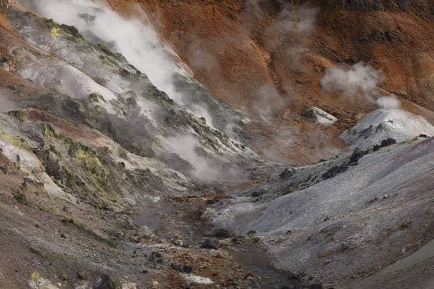 Creative Highlights World Steaming Geothermal Valley with Volcanic Rocks and Sulfur Deposits Noboribetsu, Hokkaido, Japan R_UTCI260510B-2017106-01