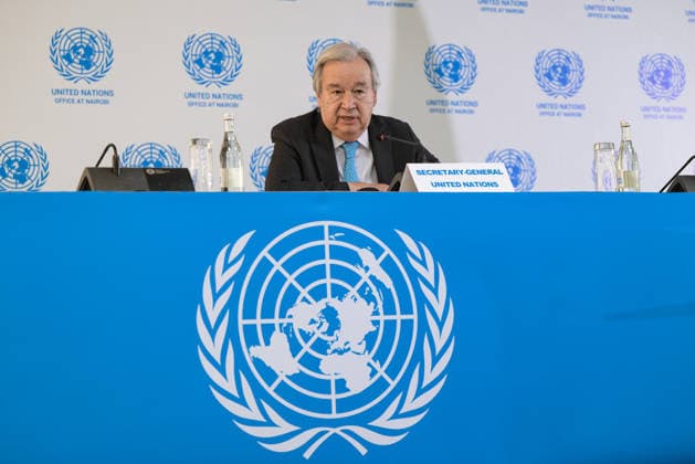 (260511) -- NAIROBI, May 11, 2026 -- United Nations Secretary-General Antonio Guterres speaks during a press conference at the United Nations Office at Nairobi (UNON) in Nairobi, Kenya, May 11, 2026. United Nations Secretary-General Antonio Guterres and Kenyan President William Ruto on Monday launched a 340-million-U.S.-dollar expansion project at the United Nations Office at Nairobi (UNON). Once completed by 2029, the expansion project will position Nairobi as the third-largest UN global hub after New York and Geneva, with Vienna retaining the fourth position. ) KENYA-NAIROBI-UN-EXPANSION PROJECT-LAUNCH YangxGuang 