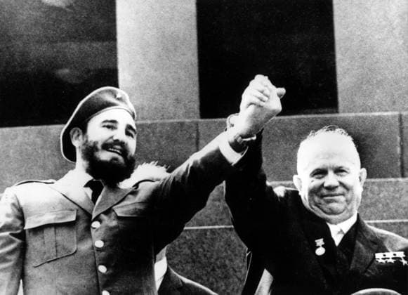 RECORD DATE NOT STATED Photograph of Fidel Castro and Nikita Khrushchev in front of the tomb of Vladimir Lenin Photograph of Fidel Castro (1926-) and Nikita Khrushchev (1894-1971) in front of the tomb of Vladimir Lenin (1970-1924). Dated 1963 Editorial use only. All other uses to be cleared with the copyright owner (World History Archive), in advance., WHA_068_0391.jpg, Fidel Castro; Nikita Khrushchev; Vladimir Lenin; tomb; 1963; historical; leaders; Soviet Union; Cuba; communism; politics; Cold War; meeting; visit; paying respects; friendship; alliance; Moscow; Russia; history; iconic; leaders; statesmen; revolutionaries; communism; socialism; Soviet leaders; political figures; 1960s; world leaders. Copyright: xWorldxHistoryxArchivex