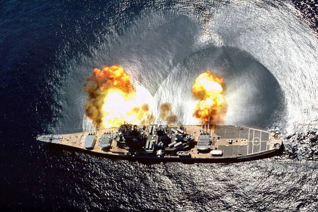 RECORD DATE NOT STATED The American Navy battleship, USS Iowa, firing 1984 The American Navy battleship, USS Iowa, firing during practice off Vieques Island, Puerto Rico, 1984 Editorial use only. All other uses to be cleared with the copyright owner (World History Archive), in advance., WHA_068_0643.jpg, American Navy; battleship; USS Iowa; firing; practice; Vieques Island; Puerto Rico; 1984; military; warship; naval; artillery; gun; ocean; sea; water; ship; navy; United States; defense; training; exercise; combat; firepower; explosion; action; historic; vintage; retro; maritime; warfare Copyright: xWorldxHistoryxArchivex