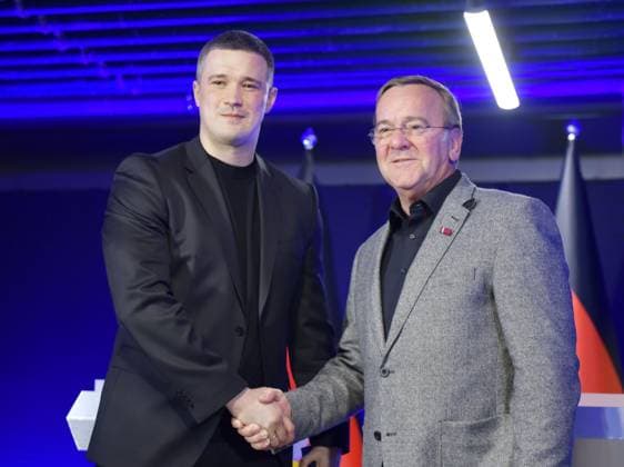 Ukraine-Germany defense talks in Kyiv Ukrainian Defense Minister Mykhailo Fedorov (L) shakes hands with his German counterpart Boris Pistorius in Kyiv on May 11, 2026.  A14AA0005542938P