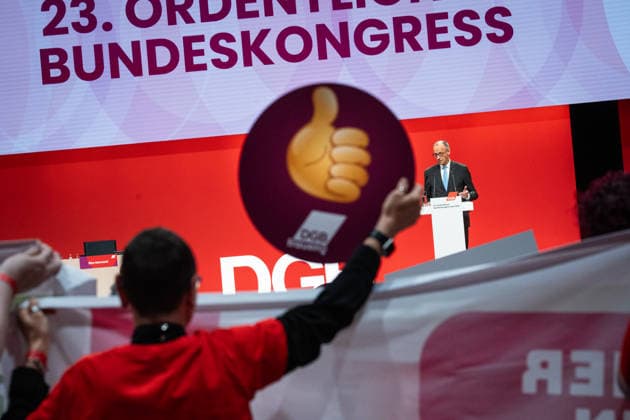 Bundeskanzler Friedrich Merz spricht auf dem Bundeskongress des DGB in Berlin;DGB Bundeskongress 2026 in Berlin - Deutscher Gewerkschaftsbund, Berlin Berlin Deutschland Hotel Estrel *** Federal Chancellor Friedrich Merz speaks at the DGB Federal Congress in Berlin DGB Federal Congress 2026 in Berlin German Trade Union Confederation, Berlin Berlin Germany Hotel Estrel