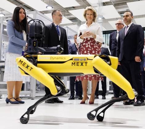 Queen Mathilde of Belgium and Flemish Minister-President Matthias Diependaele pictured during a demonstration of a Spot robot dog, during a visit to the MEXT Technology Center on day three of a Belgian economic mission to Turkey, in Istanbul on Tuesday 12 May 2026. The Queen of the Belgians is visiting Turkey from 10 to 14 May.  BENOITxDOPPAGNE 173562174
