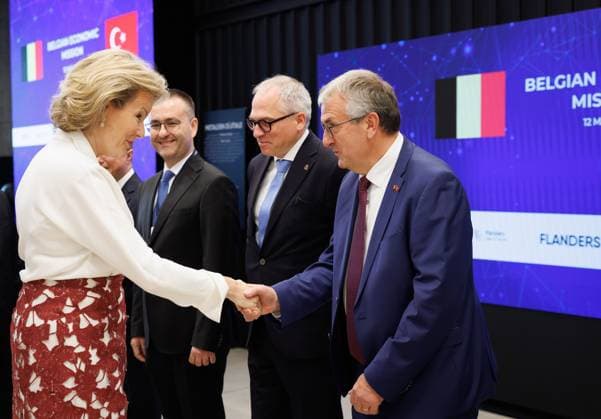 Queen Mathilde of Belgium, Flemish Minister-President Matthias Diependaele, Walloon vice-minister president Pierre-Yves Jeholet and pictured prior to during a visit to the MEXT Technology Center on day three of a Belgian economic mission to Turkey, in Istanbul on Tuesday 12 May 2026. The Queen of the Belgians is visiting Turkey from 10 to 14 May.  BENOITxDOPPAGNE 173589162