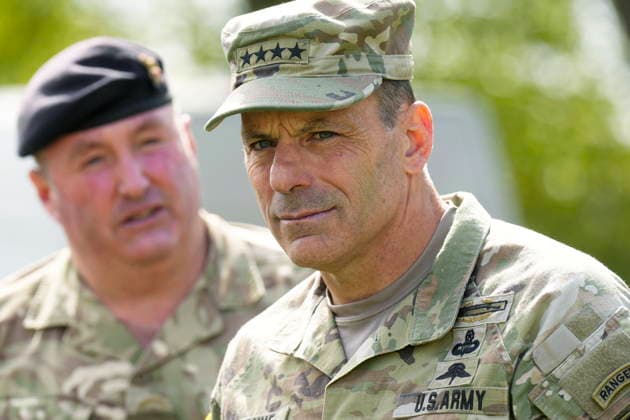 May 12, 2026, Erbege, Selija Region, Latvia: General CHRISTOPHER DONAHUE, Commander of Allied Land Command and U.S. Army Europe and Africa, attends NATO Crystal Arrow 2026 exercise media day in Erberge. Several unmaned ground vehicle systems were tested within Easter Flank Defence Initiave (EFDI) framework. NATOs Eastern Flank Deterrence Initiative (EFDI) is a NATO regional initiative led by Allies, supported by U.S. Army Europe and Africa, to defeat adversary mass and momentum with low cost, attritable uncrewed systems, AI-enabled targeting, and layered defenses. Erbege Latvia - ZUMAk193 20260512_zip_k193_007 Copyright: xIntsxKalninsx