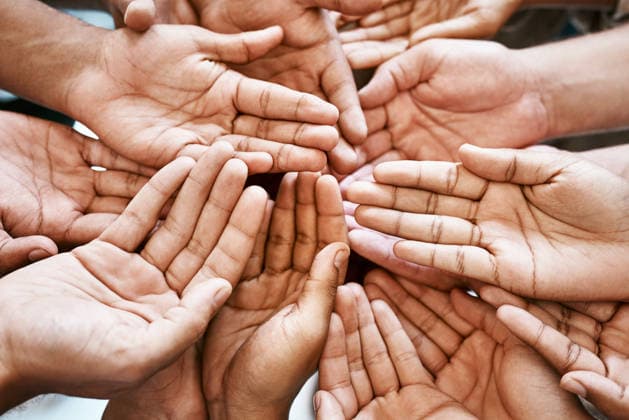 Hands, teamwork and collaboration in closeup with partnership and charity for community support. Group, people or friends and crowd palm for help, hope and goal or mission for solidarity and peace. (License=RF) ,model released, Symbolfoto  Copyright: xZoonar.com YurixArcursxpeopleimages.comx 21979258 ,model released, Symbolfoto ,property released
