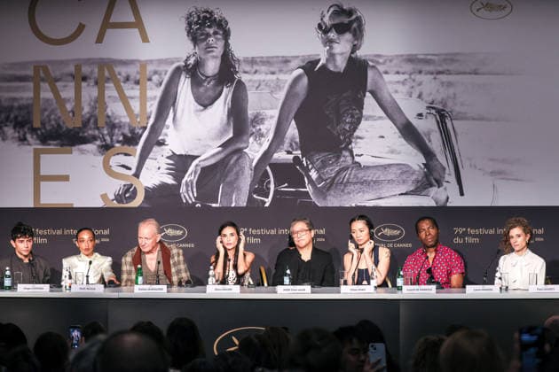 Cannes - Jury Press Conference Jury Members Diego Cespedes, Ruth Negga, Stellan Skarsgard, Demi Moore, Jury President Park Chan-wook, Chloe Zhao, Isaach de Bankole, Laura Wandel and Paul Laverty speak during the Jury press conference at the 79th annual Cannes Film Festival at Palais des Festivals on May 12, 2026 in Cannes, France. Photo by Jean-Marc Haedrich Pool ABACAPRESS.COM Cannes France  Copyright: xABACAx