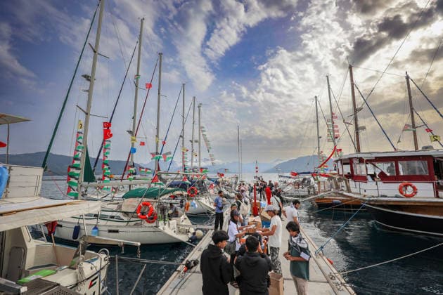 May 11, 2026, Marmaris, Marmaris, ToÂ¼rkiye: International activists and volunteers prepare boats, equipment and supplies at a marina in Marmaris, ToÂ¼rkiye, ahead of the Global Sumud Flotilla mission aimed at challenging the blockade on Gaza and calling for humanitarian access to the Palestinian territory. The flotilla brings together participants from multiple countries amid growing international concern over the humanitarian crisis and civilian suffering in the Gaza Strip. Palestinian flags and solidarity messages were displayed across several vessels participating in the maritime initiative. Marmaris Türkiye  - ZUMAa268 20260511_zip_a268_004 Copyright: xAbdelrahmanxAlkahloutx