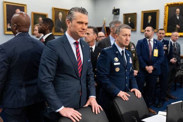House Appropriations Defense Budget Hearing UNITED STATES - MAY 12: Secretary of Defense Pete Hegseth, left, and Chairman of the Joint Chiefs of Staff Gen. Dan Caine arrive to testify during the House Appropriations Defense Subcommittee hearing on the Defense Department budget on Tuesday, May 12, 2026. (Bill Clark CQ Roll Call) Washington DC United States EDITORIAL USE ONLY Copyright: x 2026xCQxRollxCallx BillxClarkx rollcallpix170814