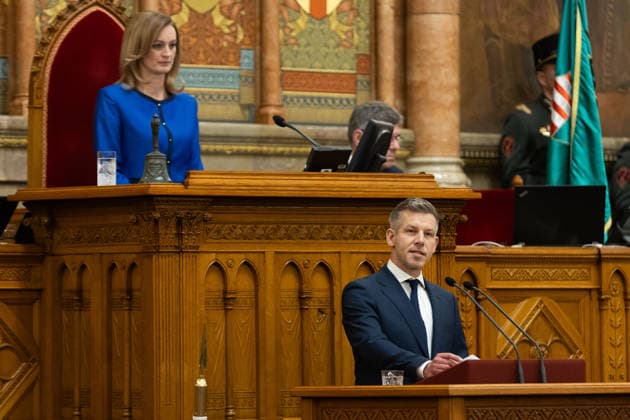 (260512) -- BUDAPEST, May 12, 2026 -- Hungarian Prime Minister Peter Magyar (front) attends the inauguration ceremony of Hungary s new government in Budapest, Hungary, May 12, 2026. Hungary s new government led by Prime Minister Peter Magyar took the oath of office in parliament here on Tuesday. (Photo by Xinhua) HUNGARY-BUDAPEST-NEW GOVERNMENT-TAKE OFFICE PeterxZsolnai 