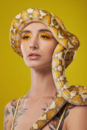 Woman, snake or thinking with beauty in studio for fashion or makeup cosmetics on a yellow background. Thoughtful, female person or aesthetic with eye shadow, reptile animal or serpent for style. model released property released Copyright: xYurixArcursxProductionsx