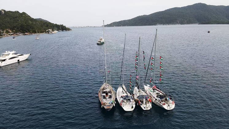 Global Sumud Flotilla plans to set sail from Marmaris to Gaza with 54 boats MUGLA, TURKIYE - MAY 13: A view of the boats set to participate in the Global Sumud Flotilla, formed to break the Israeli blockade, as they anchored in Marmaris Bay in Mugla, Turkiye on May 13, 2026. 54 boats are planned to set sail for Gaza tomorrow, into the Mediterranean from Marmaris. Durmus Genc Anadolu Mugla Turkey. Editorial use only. Please get in touch for any other usage.  Copyright: x2026xAnadoluxDurmusxGencx