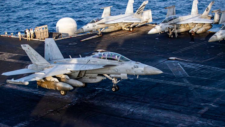 May 13, 2026, Undisclosed Location, United States: A U.S. Navy EA-18G Growler electronic warfare aircraft with the Wizards of Electronic Attack Squadron 133, touches down on the flight deck of the Nimitz-class aircraft carrier USS Abraham Lincoln during Operation Epic Fury and the blockade of Iran, May 10, 2026, on the Arabian Sea. Undisclosed Location United States - ZUMAp138 20260513_zaa_p138_012 Copyright: xUsxNavy U.S.xNavyx