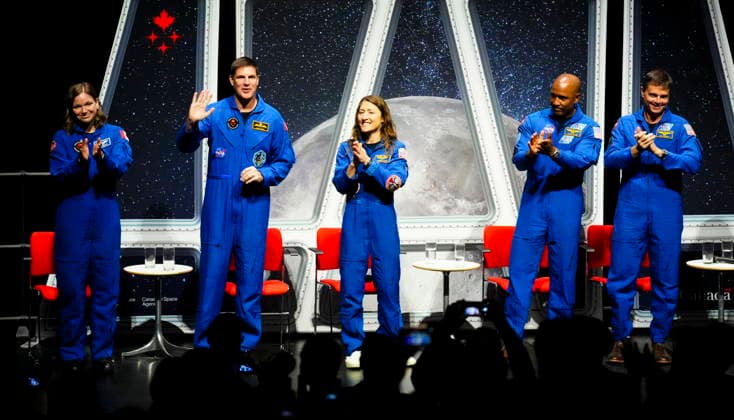 May 13, 2026, Ottawa, On, Canada: Astronauts of the Artemis II mission, left to right, Artemis capsule communicator Jenni Gibbons, mission specialist Jeremy Hansen, mission specialist Christina Koch, pilot Victor Glover and Commander Reid Wiseman take part in a question and answer event at the National Arts Centre in Ottawa on Wednesday, May 13, 2026. Ottawa Canada  - ZUMAc35_ 20260513_zaf_c35_077 Copyright: xSeanxKilpatrickx
