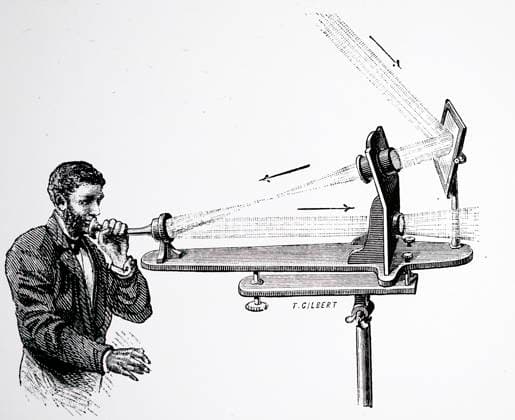 RECORD DATE NOT STATED Alexander Graham Bell s photo phone. Transmitter of Bell s Photo phone: vibrations of the diaphragm at the end of the mouthpiece tube caused pulses of light to be transmitted to receiver which had light-sensitive selenium. London, 1891 Editorial use only. All other uses to be cleared with the copyright owner (World History Archive), in advance., WHA_092_0256.jpg, Transmitter; Bell s Photo phone; vibrations; diaphragm; mouthpiece tube; pulses of light; transmitted; receiver; light-sensitive; selenium; London; 1891; communication; technology; invention; historic; telephone; Alexander Graham Bell; innovation; scientific; experiment; Victorian era; electrical; device; sound waves; historic; antique; early telephone; telec Copyright: xWorldxHistoryxArchivex