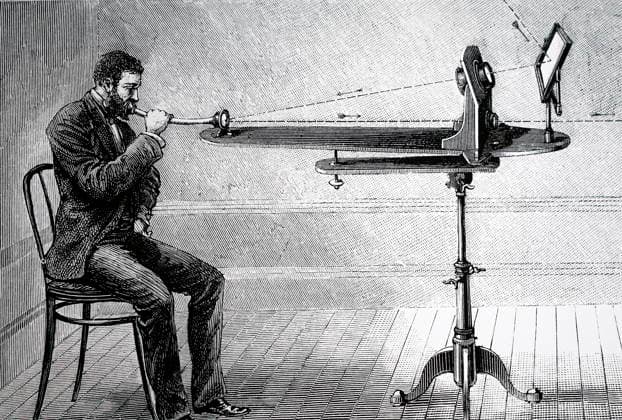 RECORD DATE NOT STATED Alexander Graham Bell s photo phone. Alexander Graham Bell s photo phone. vibrations of the diaphragm of the transmitter caused light pulses to fall on a light sensitive selenium cell. Dated 1891 Editorial use only. All other uses to be cleared with the copyright owner (World History Archive), in advance., WHA_092_0261.jpg, Alexander Graham Bell; photo phone; vibrations; diaphragm; transmitter; light pulses; selenium cell; 1891; communication; invention; technology; historic; telephone; sound; innovation; experiment; scientific; device; inventor; scientist; historic; telephone; sound; innovation; experiment; scientific; device; inventor; scientist; light sensitive; communication device; historical invention. Copyright: xWorldxHistoryxArchivex