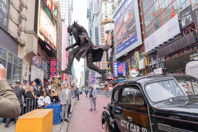 May 13, 2026, Bronx, New York, USA: New York, NY, USA, May 13, 2026: A stunt performer dressed as Nicolas Cage s Spider Noir character arrives on top of old black taxi for world premiere of Amazon Prime Video s Spider Noir at Regal Times Square. Bronx USA - ZUMAr339 20260513_znp_r339_016 Copyright: xLevxRadinx
