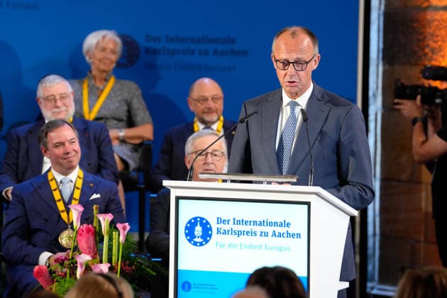 Verleihung des Internationalen Karlspreis 2026 in Aachen Bundeskanzler Friedrich Merz bei seiner Rede beim Festakt zur Verleihung des Internationalen Karlspreis 2026 im Kroenungssaal des Rathaus der Stadt Aachen, Aachen, 14.05.2026 Aachen NRW Deutschland *** Presentation of the International Charlemagne Prize 2026 in Aachen Federal Chancellor Friedrich Merz during his speech at the ceremony for the presentation of the International Charlemagne Prize 2026 in the Kroenungssaal of Aachen City Hall, Aachen, 14 05 2026 Aachen NRW Germany