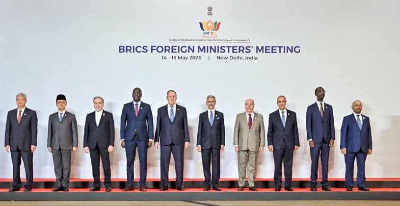 RECORD DATE NOT STATED BRICS Foreign Ministers™ Meeting 2026 New Delhi, May 14 (ANI): China s Ambassador to India Xu Feihong, Indonesia s Foreign Minister Sugiono, Iranian Foreign Minister Abbas Araghchi, South Africa s Foreign Minister Ronald Lamola, Russia s Foreign Minister Sergey Lavrov, India s Foreign Minister S Jaishankar, Brazil s Foreign Minister Mauro Vieira, Egypt s Foreign Minister Badr Abdelatty, Ethiopia s Foreign Minister Gedion Timothewos Hessebon, and UAE s Minister of State in the Ministry of Foreign Affairs Khalifa Shaheen Al Marar, in a group photo during the BRICS Foreign Ministers™ Meeting, in New Delhi on Thursday. (@DrSJaishankar X ANI Photo) NEW DELHI Delhi India Copyright: xANIx ANI_20260514110