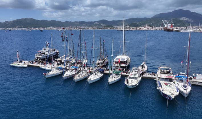 Global Sumud Flotilla is ready to set sail from Marmaris to Gaza with 54 boats MUGLA, TURKIYE - MAY 14: Global Sumud Flotilla, formed to break the Israeli blockade, is ready to set sail for Gaza into the Mediterranean from Marmaris with its 54 vessels in Mugla, Turkiye on May 14, 2026. Orhan Cicek Anadolu Mugla Turkey. Editorial use only. Please get in touch for any other usage.  Copyright: x2026xAnadoluxOrhanxCicekx