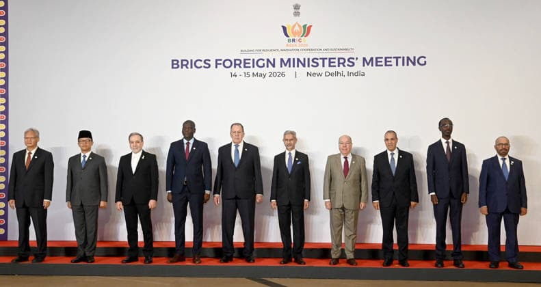 BRICS Foreign Ministers’ Meeting in New Delhi NEW DELHI, INDIA - MAY 14: (----EDITORIAL USE ONLY - MANDATORY CREDIT - ’PRESS INFORMATION BUREAU OF INDIA HANDOUT - NO MARKETING NO ADVERTISING CAMPAIGNS - DISTRIBUTED AS A SERVICE TO CLIENTS----) The Union Minister for External Affairs, Dr. Subrahmanyam Jaishankar in a group photograph during BRICS Foreign Ministers’ Meeting, 2026 in Bharat Mandapam, New Delhi on May 14, 2026. Press Information Bureau (PIB) Anadolu New Delhi India. Editorial use only. Please get in touch for any other usage.  Copyright: x2026xAnadoluxPressxInformationxBureaux(PIB)x