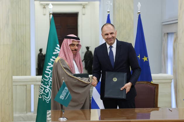 Saudi Arabian Foreign Minister Prince Faisal bin Farhan Al Saud in Athens ATHENS, GREECE - MAY 14: Greek Foreign Minister George Gerapetritis and Saudi Arabian Foreign Minister Prince Faisal bin Farhan Al Saud sign an agreement at the Foreign Ministry in Athens, Greece, on May 14, 2026. Costas Baltas Anadolu Athens Greece. Editorial use only. Please get in touch for any other usage.  Copyright: x2026xAnadoluxCostasxBaltasx