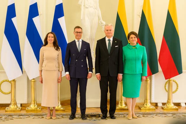 President of Finland visits Vilnius, Lithuania - 14 May 2026 President of Finland Alexander Stubb, first lady Suzanne Innes-Stubb, Lithuanian President Gitanas Nauseda and First Lady Diana Nausediene are seen during their meeting at the Presidential Palace. President of Finland arrived in Lithuania on May 14 for a two-day state visit. In Vilnius, he met with Lithuanian President Gitanas Nauseda, after which the two leaders addressed the media at a press conference. Vilnius Lithuania Copyright: xYauhenxYerchakx xSOPAxImagesx stubb_vilnius_yerchak__2062