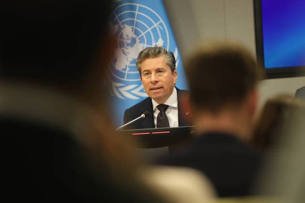 May 14, 2026, New York, New York, USA: TOM FLETCHER, Under-Secretary-General for Humanitarian Affairs and Emergency Relief Coordinator briefs the press as MIKE WALTZ, U.S. Representative to the United Nations sits next to him, on U.S. humanitarian funding adjustments, aid efficiency, and efforts to prioritize resources for areas of greatest need at UNHQ. New York USA - ZUMAo116 20260514_znp_o116_007 Copyright: xBiancaxOterox