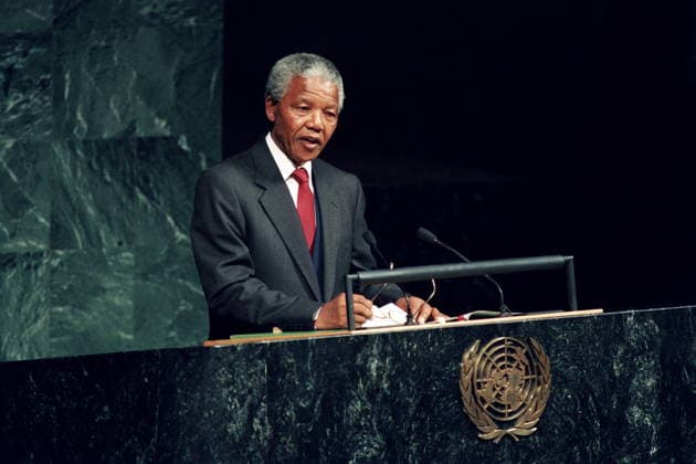 RECORD DATE NOT STATED Nelson Rolihlahla Mandela addressing the UN General Assembly in 1990 Nelson Rolihlahla Mandela (1918 ? 2013); South African anti-apartheid politician; served as President of South Africa from 1994 to 1999. seen here addressing the UN General Assembly in 1990 Editorial use only. All other uses to be cleared with the copyright owner (World History Archive), in advance., WHA_100_0806.jpg, Nelson Mandela; anti-apartheid; South Africa; President; UN General Assembly; 1990; politician; leader; activist; human rights; freedom fighter; African National Congress; apartheid regime; civil rights; equality; democracy; reconciliation; Nobel Peace Prize; Robben Island; struggle; liberation; iconic; inspirational; historical; speech Copyright: xx