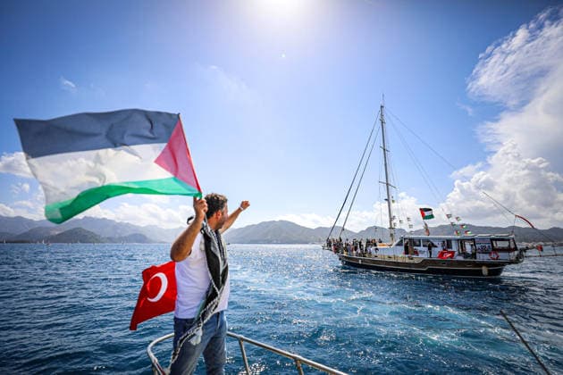 May 14, 2026, Marmaris, Marmaris, Turkey: Activists, journalists and medics gather aboard boats during the departure of the Global Sumud Flotilla mission from Marmaris, Turkeye, and set sail for Gaza in an international humanitarian effort aimed at challenging the blockade. The flotilla includes 54 vessels carrying around 500 participants and solidarity activists from nearly 50 countries amid the ongoing humanitarian crisis in the Gaza Strip. Marmaris Turkey - ZUMAa268 20260514_zip_a268_016 Copyright: xAbdelrahmanxAlkahloutx