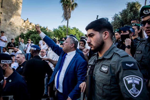 Jerusalem Day Flag Parade Israeli Minister of National security Itamar Ben Gvir waves at supporters outside Damascus gate In Jerusalem, Thursday May 14 2026. Israeli nationalists, many of them teenagers and young adults, swept through the narrow streets of JerusalemÕs Old City on Thursday during the annual Jerusalem Day march, chanting ÒDeath to ArabsÓ and ÒMay your villages burnÓ as tens of thousands paraded to celebrate what Israeli authorities call the ÒreunificationÓ of Jerusalem following IsraelÕs capture and annexation of east Jerusalem in the 1967 Arab-Israeli war, while many Palestinian residents remained barricaded indoors and shopkeepers were forced, ostensibly for their own protection, to close their businesses. Photo by Eyal Wa Copyright: xEyalxWarshavskyx