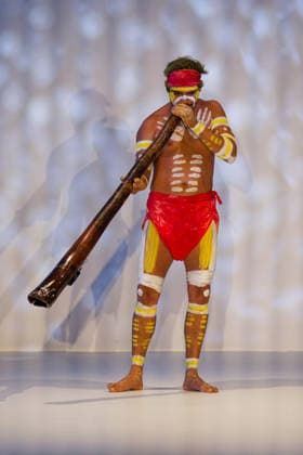 Australian Fashion Week 2026 - Runway - Ngali Jahmarley Dawson plays the didgeridoo during the Ngali Wander with Wonder Runway show at Australian Fashion Week 2026 at Museum of Contemporary Art on May 15, 2026 in Sydney, Australia., Credit:IOIO IMAGES IOIO Avalon Australia, New South Wales, Sydney, Museum of Contemporary Art  Copyright: xIOIOxIMAGESx xIOIOx xAvalonx 1099145394