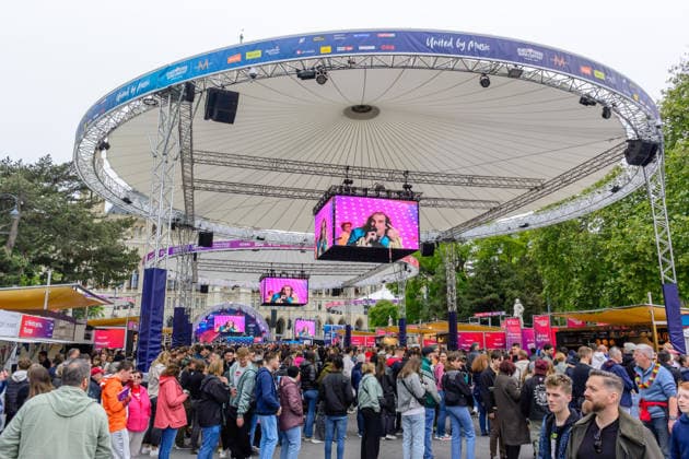 vienna, austria, 15 may 2026, esc village in front of the city hall, eurovision song contest
