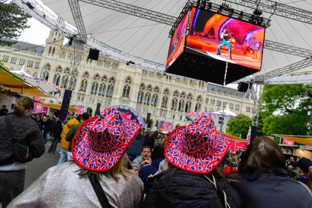 vienna, austria, 15 may 2026, esc village in front of the city hall, eurovision song contest, british fans in front of vidiwall