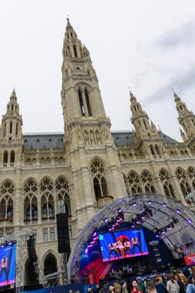 vienna, austria, 15 may 2026, esc village in front of the city hall, eurovision song contest