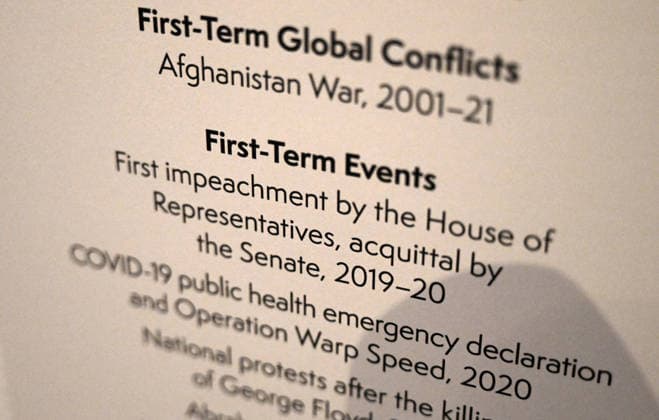 President Trump s portrait on display with references to his two impeachments restored in the exhibit text at the Smithsonian s National Portrait Gallery President Trump s portrait is on display with references to his two impeachments restored in the exhibit text at the Smithsonian s National Portrait Gallery in Washington, D.C. on May 15, 2026. Earlier in the year, the gallery had replaced the original presidential portrait with an image preferred by Trump and removed wall text mentioning both his impeachments and the January 6 Capitol attack, prompting criticism and debate over historical presentation. Photo by Olivier Douliery ABACAPRESS.COM Washington DC United States  Copyright: xDoulieryxOlivier ABACAx