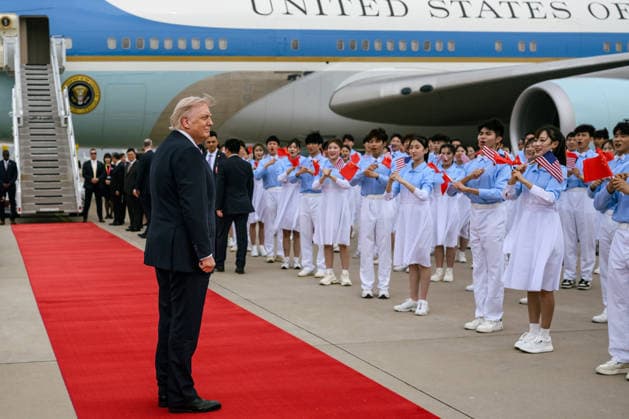 President Donald J. Trump greets Ambassadors David Perdue and Xie Feng, Executive Vice Minister of Foreign Affairs Ma Zhaoxu and Minister of Foreign Affairs Wang Yi at Beijing Capital International Airport, China on Friday, May 15, 2025, before boarding Air Force One en route Washington, D.C.  WAX2026051643 DANIELxTOROK