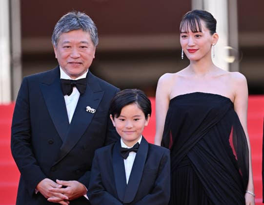 79th Cannes Film Festival: Sheep in The Box screening CANNES, FRANCE - MAY 16: (L to R) Japanese director and screenwriter Hirokazu Kore-eda, Japanese actor Rimu Kuwaki and Japanese actress Haruka Ayase leaves after the screening of the film Sheep in The Box at the 79th edition of the Cannes Film Festival in Cannes, France on May 16, 2026. Mustafa Yalcin Anadolu Cannes France. Editorial use only. Please get in touch for any other usage.  Copyright: x2026xAnadoluxMustafaxYalcinx