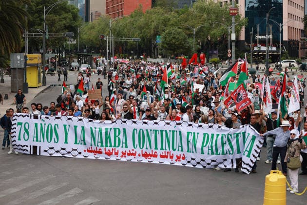 Nakba Day commemoration in Mexico City MEXICO CITY, MEXICO - MAY 16: Pro-Palestinian demonstrators hold Palestinian flags and banners during a rally marking the 78th anniversary of Nakba, in Mexico City, Mexico on May 16, 2026. Daniel Cardenas Anadolu Mexico City Mexico. Editorial use only. Please get in touch for any other usage.  Copyright: x2026xAnadoluxDanielxCardenasx
