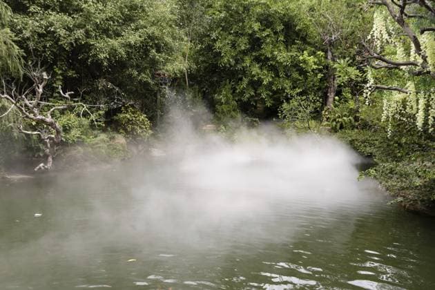Künstlicher Nebel über einem Zierteich, umgeben von üppiger tropischer Vegetation, Gartenattraktion, Nha Trang, Vietnam Artificial fog over ornamental pond surrounded by lush tropical vegetation, garden attraction, Nha Trang, Vietnam Copyright: imageBROKER ibxhgi17702105.jpg