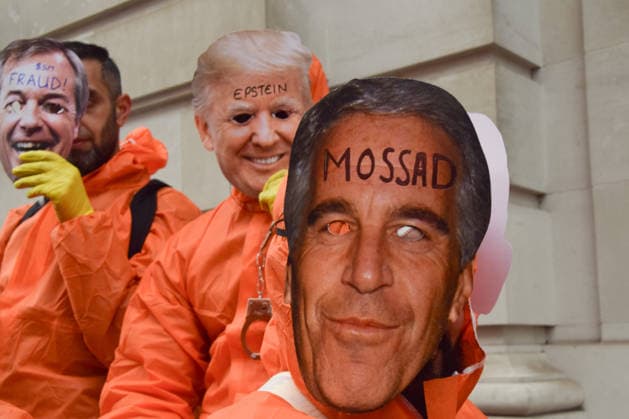 May 16, 2026, London, England, United Kingdom: Protesters wear Trump, Epstein, and Nigel Farage masks as thousands of people take part in the Nakba 78 March For Palestine. The march commemorates 78 years of the Nakba and is also a protest against Tommy Robinson and the far right, who held their own Unite the Kingdom march at the same time. London United Kingdom - ZUMAv130 20260516_zip_v130_079 Copyright: xVukxValcicx