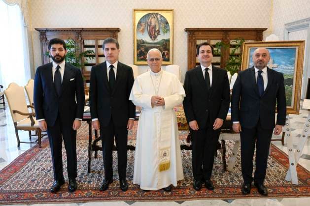 ITALY - POPE LEO XIV RECEIVES IN A PRIVATA AUDIENCE HIS EXCELLENCY MR.NECHIRVAN BARZANI IN THE VATICAN- 2026 5 18 Italy, Rome, Vatican, 2026 5 18.Pope Leo XIV receives in a private audience His Excellency Mr. Nechirvan Barzani, President of the Kurdistan Region of Iraq in the Vatican EDITORIAL USE ONLY - NO BOOKS Copyright: xVATICANxMEDIAx