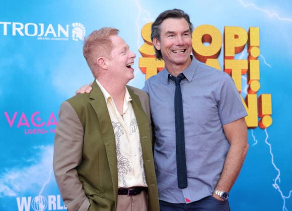 Jesse Tyler Ferguson and Jerry O Connell attend the Los Angeles premiere of Stop! That Train! at Harmony Gold on Monday, May 18, 2026. Storyline: Two train stewardess BFFs switch from a dull railway to the luxurious Glamazonian Express. During a massive storm, they must work with snooty first-class crew and President Gagwell to prevent disaster in LA.  LAP20260518649 GREGxGRUDT