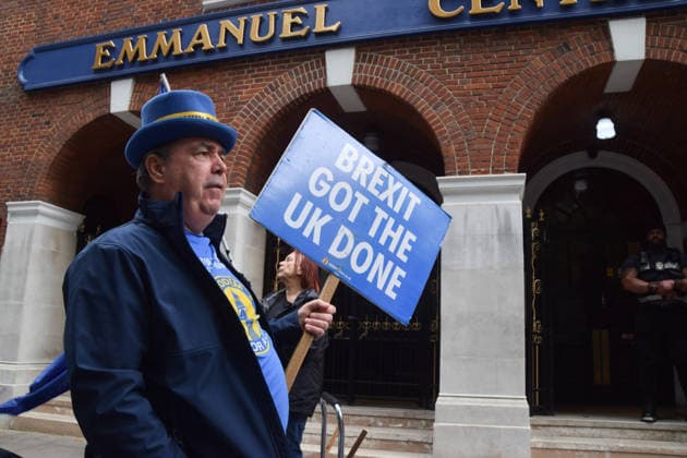 May 19, 2026, London, England, United Kingdom: Anti-Brexit and pro-EU activist STEVE BRAY stages a protest outside the Emmanuel Centre in Westminster during the Brexit Unleashed - Seizing the Opportunities conference, which purportedly examines at the opportunites of Brexit. London United Kingdom - ZUMAv130 20260519_zip_v130_080 Copyright: xVukxValcicx