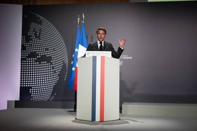 Emmanuel Macron attends the No Money for Terror conference - Paris French President Emmanuel Macron delivers a speech during the 5th No Money for Terror conference on the sidelines of the G7 finance ministers meeting aimed at cutting off financing of terrorism through organised crime, in Paris on May 19, 2026. Photo by Raphael Lafargue ABACAPRESS.COM Paris France  Copyright: xLafarguexRaphael ABACAx