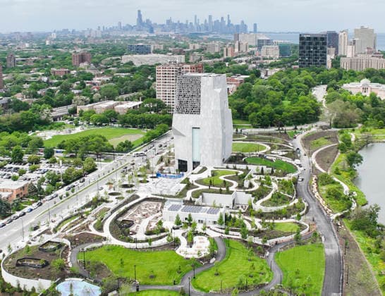 An aerial view shows the Obama Presidential Center in Chicago, Illinois, on Tuesday, May 19, 2026. The grand opening of the center will take place on June 18 and the public opening will be June 19th.  CHI20260519809 TANNENxMAURY