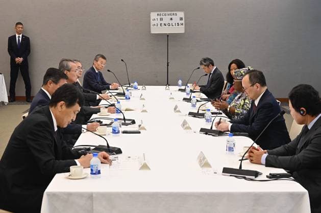 WTO Leader Hold Meetings in Tokyo TOKYO, JAPAN - MAY 20: World Trade Organization Director-General Ngozi Okonjo-Iweala (3rd R) attends a meeting with Japan Business Federation, Keidanren, Chairman Yoshinobu Tsutsui (3rd L) and Japanese business leaders at Keidanren Kaikan in Tokyo, Japan, on May 20, 2026. Keidanren hosted the meeting as part of its follow-up on WTO reform proposals, amid growing concerns over protectionism, trade restrictions and pressure on the rules-based international economic order. David Mareuil Anadolu Tokyo Japan. Editorial use only. Please get in touch for any other usage.  Copyright: x2026xAnadoluxDavidxMareuilx